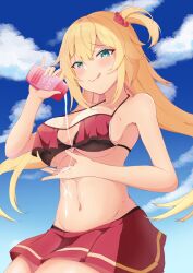 ;q akai_haato applying_sunscreen aqua_eyes bare_arms bare_shoulders bikini bikini_skirt black_bikini blonde_hair blue_skirt blush breast_curtains breasts female groin hair_between_eyes hair_ornament hazuki_mashiro heart heart_hair_ornament highres hololive hololive_gen_1 hololive_japan large_breasts licking_lips long_hair looking_at_viewer multi-strapped_bra navel official_alternate_costume one_eye_closed one_side_up outdoors red_bikini skirt solo swimsuit tongue tongue_out virtual_youtuber