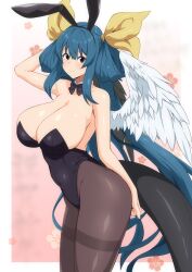 1girls angel_wings animal_ears arc_system_works arm_above_head arm_up asymmetrical_wings bangs bare_shoulders black_bow black_bowtie black_leotard blue_hair blush border bow bowtie breasts bunnysuit chinese_zodiac cleavage collar collarbone covered_navel detached_collar dizzy_(guilty_gear) fake_animal_ears female fuuma_(bangolga1) guilty_gear hair_between_eyes hair_ribbon hair_rings highres huge_breasts large_breasts leotard long_hair looking_at_viewer monster_girl pantyhose pink_background playboy_bunny rabbit_ears red_eyes ribbon sideboob sidelocks smile solo tail twintails white_border wings year_of_the_rabbit