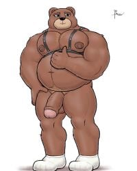 4:5 alanottaviano anthro barazoku bear belly brown_bear brown_body brown_fur fur genitals grizzly_bear hi_res male mammal musclegut muscular muscular_male overweight overweight_male solo ursine