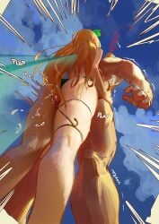 1boy absurdres ass ass_focus between_legs between_thighs bikini blonde_hair blood cum fairy fairy_wings female from_behind from_below hand_on_hip highres nijisanji nijisanji_en nosebleed panties penis pomu_rainpuff swimsuit thigh_sex thighs toren toren_(cpt2p2t) trembling underwear virtual_youtuber wings