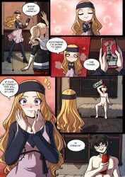 akira_kurusu ann_takamaki black_hair blonde_hair blush chihaya_mifune comic dialogue dress english_text female fortune_teller glasses kinkymation leggings mifune_chihaya naked nervous penis persona persona_5 ren_amamiya sweat tarot_card