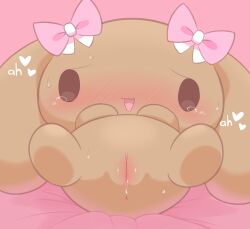 blush blush_lines cinnamoroll_(series) driosawm dripping_pussy female hair_ribbon hearts lying_on_back lying_on_bed mocha_(cinnamoroll) panting presenting presenting_pussy sanrio simple_background spread_legs sweating tearing_up