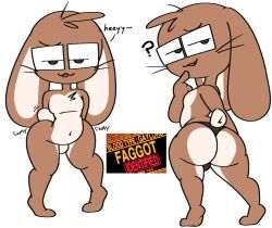 1boy anthro artist_self-insert ass bedroom_eyes big_ass big_butt brown_body brown_fur bubble_ass bubble_butt bulge bunzo_(vilepluff) butt clothing eyewear f-slur femboy floppy_ears fur furry girly glasses homophobic_slur lagomorph leporid looking_back male mammal mob_face multicolored_body multicolored_fur narrowed_eyes nude pear-shaped_figure rabbit seductive simple_background slur solo swaying thong two_tone_body two_tone_fur underwear vilepluff wide_hips