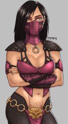 big_breasts black_fingernails black_hair breasts cleavage female female_focus female_only mask masked masked_female mileena mortal_kombat mortal_kombat_x navel tharrek toned toned_body toned_female toned_stomach yellow_eyes