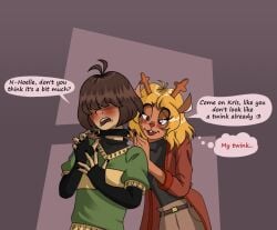 abstract_background black_choker black_nails blonde_hair blush brown_hair choker deer deer_girl deltarune elbow_gloves fingerless_gloves gift green_sweater hair_over_eyes horns human kris_(deltarune) mammal mammal_humanoid nail_polish noelle_holiday offering red_coat safe_for_work speech_bubble text twink unknown_artist