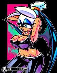 breasts cleavage female pinup pixel_art rouge_the_bat sega sonic_(series) sonic_riders sports_bra sweat th3gadfly thick_thighs thighs wings yoga_pants