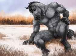 andromorph anthro black_hair clitoris cuntboy dappled_fur equid equine field fur genitals grey_body grey_fur hair hooves horse intersex mammal muscular muscular_andromorph muscular_anthro muscular_intersex nipples nude outside pecs pussy sitting snow snowing solo venlightchaser winter