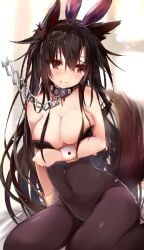 1girls bunnysuit cleavage collar efe embarrassed kagerou_imaizumi large_breasts leash touhou viewer_holding_leash