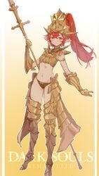 ao_wu_a_wei armor bare_midriff boots chestplate dark_souls dragon_slayer_ornstein elf female female_knight female_only fromsoftware full_body gauntlets genderswap_(mtf) gold_(metal) greaves helmet knight long_hair looking_at_viewer panties pauldrons pointy_ears ponytail red_hair rule_63 small_breasts smile thigh_boots weapon