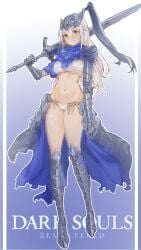 ao_wu_a_wei armor artorias_the_abysswalker boots dark_souls female female_knight female_only fromsoftware full_body gauntlets genderswap_(mtf) greaves green_eyes helmet knight long_hair looking_at_viewer panties rule_63 sarashi scarf solo sword underboob weapon white_hair white_panties