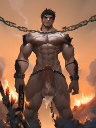 1boy abs ai_generated bara bare_pectorals biceps black_hair body_hair bound bound_wrists brown_hair bulge chest_hair chest_harness completely_nude dark_skin ejaculation erection facial_hair feet_out_of_frame hair_strand hairy happy_sex harness large_pectorals long_sideburns male male_focus male_only mature_male muscular muscular_male naked navel navel_hair nipples nude pectorals penis precum revealing_clothes short_hair sideburns solo stable_diffusion stomach streaked_hair stubble testicles thick_thighs thighs uncensored veins veiny_penis