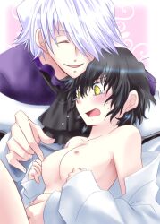 1boy 1girls 2009 black_hair blush breasts_out closed_eyes embarrassed female genderswap_(mtf) gilbert_nightray hair_over_one_eye hanamaru_(pixiv) male nipple_tweak off_shoulder open_shirt oversized_clothes pandora_hearts rule_63 short_hair small_breasts smile tears upper_body white_hair xerxes_break