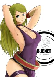 1girls aqua_eyes armpits arms_behind_head big_breasts blonde_hair bonne_jenet breasts busty cleavage confident covered_navel dress fatal_fury female female_only garou:_mark_of_the_wolves hi_res king_of_fighters large_breasts long_hair looking_at_viewer pose posing sensual smile snk solo voluptuous