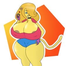 anthro blue_pants cat_tail catgirl earrings feline huge_breasts mrschllyay orange_hair original_character red_topwear remote_control sally_furbomb simple_background solo solo_female wide_hips yellow_body yellow_fur