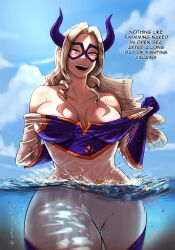 big_breasts breasts cleavage colored curvy_figure english exposed_shoulders giantess hero_outfit_(mha) horns larger_female macro mount_lady my_hero_academia open_mouth partially_submerged picojin rescue_buoy size_difference skin_tight_suit thick_thighs unaware_giantess undressing water wet yuu_takeyama