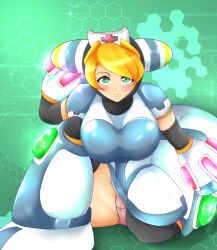 1girls android big_breasts blonde_hair cinnamon_gaudille female green_eyes kugutunokemonar large_breasts mega_man mega_man_x mega_man_x_dive panties robot_girl solo tagme underwear