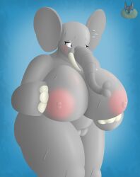 absurd_res anthro ass belly big_belly big_breasts big_butt big_ears big_pussy blue_eyes blush bodily_fluids breasts chubby_female elephant elephantid female genitals grey_body hand_on_breast hi_res huge_breasts looking_away mammal nervous nipples nude pawronica pink_nipples plump_labia proboscidean pussy shy simple_background solo sweat sweatdrop thick_thighs trunk tusks wide_hips