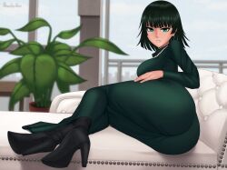 1girls ass back_view bangs big_ass big_breasts big_butt boots breasts busty clothed clothing couch curvaceous curvy curvy_body curvy_female curvy_figure dark_green_hair dat_ass dress fat_ass female fringe fubuki_(one-punch_man) full_body green_eyes green_hair heels hips hourglass_figure huge_ass indoors large_ass legs legs_together light-skinned_female light_skin lips lipstick medium_hair necklace one-punch_man presenting presenting_ass rocky-ace round_ass short_hair sideboob sitting skirt smile solo thick thick_ass thick_thighs thighs voluptuous wide_hips