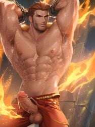 1boy abs ai_generated armpits bara bare_pectorals biceps body_hair bound_wrists brown_hair bulge chest_hair completely_nude ejaculation embers erection facial_hair feet_out_of_frame fiery_hair fire flame flaming_eye goatee hairy handsfree_ejaculation happy_sex large_pectorals large_penis long_sideburns male_focus male_pubic_hair mature_male muscular muscular_male navel navel_hair nipples pectorals penis precum projectile_cum short_hair sideburns solo solo_male stable_diffusion stomach testicles thick_thighs thighs tight topless_male uncensored veins veiny_penis