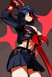 1girls 33dot asymmetrical_hair blue_eyes breasts female female_only gazing hair_over_one_eye huge_boobs huge_breasts kill_la_kill large_breasts matoi_ryuuko multicolored_hair senketsu short_hair skirt solo sword thick_thighs thighs weapon