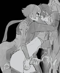 1boy1girl against_wall akira_kurusu atlus balls black_and_white blush cum cum_on_wall cumshot dominant_female domination femdom grabbing grabbing_balls grabbing_from_behind grabbing_testicles greyscale handjob handjob_from_behind hands_against_wall kukumomo line_art makoto_niijima male/female malesub mask moaning monochrome no_color pants_down penis penis_milking persona persona_5 phantom_thief_suit pretty_boy ren_amamiya scarf sega spiked_shoulders submissive submissive_male sweat sweating testicles