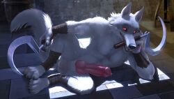 anthro balls bara barazoku boner canine canine_penis death_(puss_in_boots) dreamworks erection furry grey_fur lying_on_side male male_only muscles muscular nude penis puss_in_boots_(dreamworks) puss_in_boots_(film) puss_in_boots_the_last_wish shrek_(series) sickle solo solo_male spread_legs universal_studios wolf zenthetiger