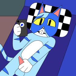 1:1 animal_crossing anthro bed bedroom blue_body blue_fur cellphone domestic_cat felid feline felis fur furniture male mammal masturbation moe_(animal_crossing) nintendo nude phone pillow racecar_bed smartphone solo tyler_the_yoshi_(artist) yellow_eyes