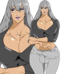 1futa balls beauty_spot big_breasts big_penis breasts bulge bulge_through_clothing cleavage clothed clothing dark-skinned_futanari dark_skin erection fully_clothed futa_only futanari glasses grey_hair human large_balls large_breasts large_penis lipstick long_hair mature mature_futa mole mole_above_mouth penis purple_eyeshadow purple_lipstick solo standing tenchizone tight_clothing