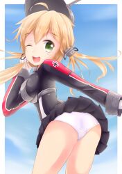 1girls ass blonde_hair cameltoe green_eyes jmc5221 kantai_collection looking_back military_uniform panties prinz_eugen_(kantai_collection) small_breasts tagme twintails upskirt white_panties