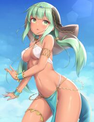 armlet belly_dancer belly_dancer_outfit bocas_top bracelet cloud dancing gold_jewelry green_eyes green_hair harem_girl harem_outfit jewelry medium_breasts navel o-ring_top original original_character pelvic_curtain petite petite_body sasaame sky thighlet wide_hips