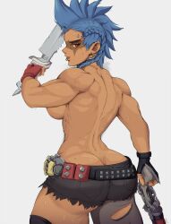 1girls 2d areolae ass ass_cleavage back_muscles belt big_ass blue_hair booty_shorts butt_crack dark-skinned_female fat_ass gun hi_res high_heels high_res huge_ass jewelry junker_queen knife large_ass looking_at_viewer looking_back muscular muscular_female overwatch overwatch_2 piercing red_eyes ripped_clothing shorts simple_background standing sweat thick_thighs thighs weapon white_background yoracrab