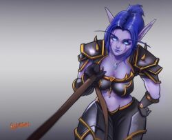 2023 2d armor blue_hair capernian death_knight_(warcraft) dominant_female elf elf_ears female female_only femdom glowing_eyes leash melwinne necklace necklace_between_breasts night_elf night_elf_death_knight night_elf_female pointy_ears solo_female world_of_warcraft