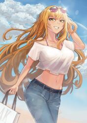 1girls akkillust belt blonde_female blonde_hair blonde_hair blue_sky bra_strap breasts cloudy_sky denim eyewear_on_head female female_focus female_only grin grinning hair_down holding_bag jeans long_hair looking_at_viewer midriff original pants shopping_bag smile solo sunglasses sunglasses_on_head very_long_hair white_topwear yellow_eyes