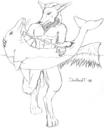 2004 animal_genitalia anthro anubian_jackal anubis bodily_fluids canid canine canis cetacean cum deity dolphin drathnott duo egyptian_mythology erection feral genital_fluids genital_slit genitals jackal male male/male mammal marine middle_eastern_mythology monochrome mythology penis slit toothed_whale water zoophilia