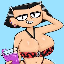 2022 bikini bikini_bottom bikini_top black_eyes black_hair breasts cleavage drink ear_piercing ear_piercings eyeliner female female_only hand_in_hair my_life_as_a_teenage_robot necklace nickelodeon short_hair soda tiff_crust wide_hips yenvudu