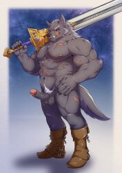 5_fingers absurd_res anthro areola balls black_sclera blaidd_(elden_ring) bodily_fluids canid canine canis claws elden_ring erection fingers fromsoftware fur furry gay genital_fluids genitals glans hi_res holding_object holding_sword holding_weapon humanoid_genitalia humanoid_penis inner_ear_fluff male mammal melee_weapon muscular muscular_anthro muscular_male nipples penis precum purple_eyes sarchi_kung scar solo sword tail tuft weapon wolf