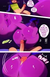 1boy 1girls 2023 anthro anus ass balls big_ass big_penis bodily_fluids bottomless bubble_butt buttjob chubby clothed clothing comic covered_buttjob deltarune dialogue duo ellipsis english_text exclamation_point female fingers genitals hair hand_on_ass heart hi_res hot_dogging huge_cock huge_penis human kris_(deltarune) lizard looking_at_another looking_back male open_mouth penis purple_body purple_skin pussy reptile scalie sex sound_effects susie_(deltarune) svarzye sweat tail teeth text topwear undertale_(series)