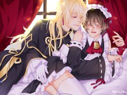 2boys bishonen blonde_hair blush brothers canon_crossdressing crossdressing curtains dark_hair detached_sleeves earrings embarrassed femboy frills fully_clothed gilbert_nightray gloves hand_on_ass heterochromia incest keeoh long_hair long_hair_male looking_at_another looking_back maid maid_headdress maid_uniform male male_only nervous official_alternate_costume on_bed on_side pandora_hearts siblings smile sweatdrop tears trap twink vincent_nightray white_gloves white_legwear white_thighhighs yaoi yellow_eyes zettai_ryouiki