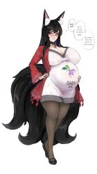 1girls animal_ears big_breasts black_hair blue_eyes blush choker cleavage english_text female female_only fox_ears fox_girl fox_tail full_body fully_clothed glasses hand_on_belly hand_on_hip hand_on_stomach huge_breasts inner_ear_fluff kitsune lhanamo long_hair original original_character pantyhose pregnant red-framed_glasses solo speech_bubble standing