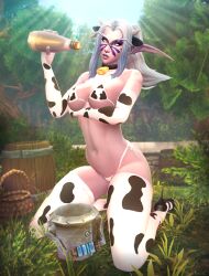 2022 3d alvarina alvarina_(alvarina) cow_costume cow_horns cow_print cow_print_bikini cow_print_gloves cow_print_thighhighs cowbell elf elf_ears female glowing_eyes horns milk milk_bottle night_elf pointy_ears white_ears world_of_warcraft