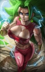 1girls abs biceps big_breasts blue_eyes breasts cleavage clothing dragon_ball dragon_ball_super ear_piercing earrings elitenappa female female_only female_saiyan fusion green_hair huge_breasts kefla large_breasts legendary_super_saiyan long_hair looking_at_viewer midriff muscular muscular_female nipple_bulge no_bra no_eyebrows piercing potara_earrings saiyan solo super_saiyan_3 sweat thick_thighs toned toned_female torn_clothing wide_hips