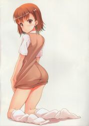 10s 1girls 2013 absurd_res ass bare_thighs blush bottomless brown_eyes brown_hair dat_ass eyebrows female from_behind full_body hair_ornament hairpin hi_res hyuuga_azuri kneehighs kneeling looking_at_viewer looking_back loose_socks matching_hair/eyes misaka_mikoto no_skirt school_uniform schoolgirl shirt short_hair short_sleeves skirt_removed smile socks solo teenage_girl teenager thighs to_aru_kagaku_no_railgun to_aru_majutsu_no_index tokiwadai_school_uniform white_background white_socks young