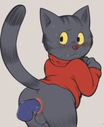 anthro anus ass blush clothing dandi dildo felid feline fritz_the_cat_(character) fur grey_body grey_fur male mammal raised_tail red_clothing red_sweater red_topwear sex_toy solo sweater tail topwear yellow_eyes