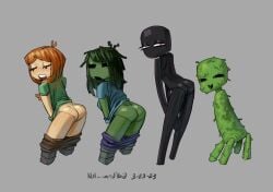 2d 4girls alex_(minecraft) ass black_skin bottomless creeper cube_head cubic_body drawn enderman enderwoman green_hair green_skin horny_female human_female humanoid looking_at_viewer looking_back minecraft monster monster_girl multiple_girls no_panties nude_female null_and_void orange_hair outside presenting purple_eyes simple_background smile tagme zombie zombie_girl_(minecraft)