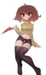 2023 aged_up ahoge alexr05_(artist) black_shorts black_thighhighs breasts brown_hair chara clothed clothed_female female female_focus female_human female_only holding_knife holding_weapon human human_female knife legwear looking_at_viewer navel no_shoes red_eyes self_upload sfw shorts simple_background solo solo_female solo_focus thighhighs thighs undertale undertale_(series) weapon white_background