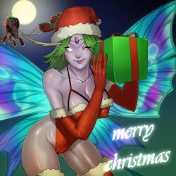 ariel_(warhammer) beastman beastman_(warhammer) christmas christmas_outfit elf elf_ears english_text geabull_(artist) text warhammer_(franchise) warhammer_fantasy wink winking wood_elf wood_elf_(warhammer)