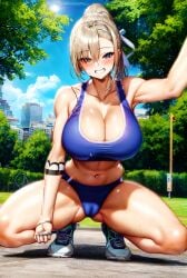 1girls 2020s 2023 ai_generated ai_hands arm_down arms_up athletic athletic_female athletic_wear attack_on_titan big_breasts blonde_hair blonde_hair_female blue_bottomwear blue_eyes blue_sky blue_tank_top blushing body_paint booty_shorts breasts cameltoe city_background cleavage clothed clothed_female curvaceous curvy_body curvy_female female_focus female_only high_resolution historia_reiss large_breasts long_hair long_hair_female milf muscular_female muscular_thighs navel outside park ponytail running_shoes smiling sneakers sports_bra squat squatting stable_diffusion sunny sweat sweating sweaty sweaty_body tank_top tattoo voluptuous voluptuous_female workout workout_clothes