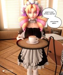 1girls 3d apron blonde_hair blue_eyes cafe cafe_cutie_gwen cafe_cuties_series clothed clothing coffee coffee_mug colorful_hair cynicxl3d female female_only fully_clothed gwen_(league_of_legends) league_of_legends maid maid_apron maid_outfit maid_uniform pink_hair public smile smiling solo standing stockings teeth_showing text text_box text_bubble waitress white_stockings