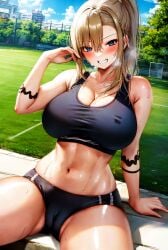 1girls 2020s 2023 ai_generated ai_hands athletic athletic_female athletic_shorts athletic_wear attack_on_titan big_breasts black_shorts black_tank_top blonde blonde_female blonde_hair blue_eyes blue_sky blushing body_markings body_paint cameltoe cleavage clothed clothed_female female_focus female_only gym gym_uniform hair_between_eyes high_resolution highres historia_reiss large_breasts leaning_back long_hair long_hair_female looking_at_viewer milf outdoors outside park ponytail running_shorts sitting smile smiling smiling_at_viewer soccer_field stable_diffusion sunny sweat sweating sweaty sweaty_body tank_top tattoos workout workout_clothes workout_clothing