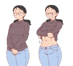 abs black_hair blue_pants breasts clothes_lift denim female freckles glasses grin half-closed_eyes hanzo_(2929) jeans jimiko lifted_by_self long_hair low_ponytail mature_female milf multiple_views muscular muscular_female navel original pants round_eyewear shirt_lift simple_background smile smug standing sweater teeth undressing white_background